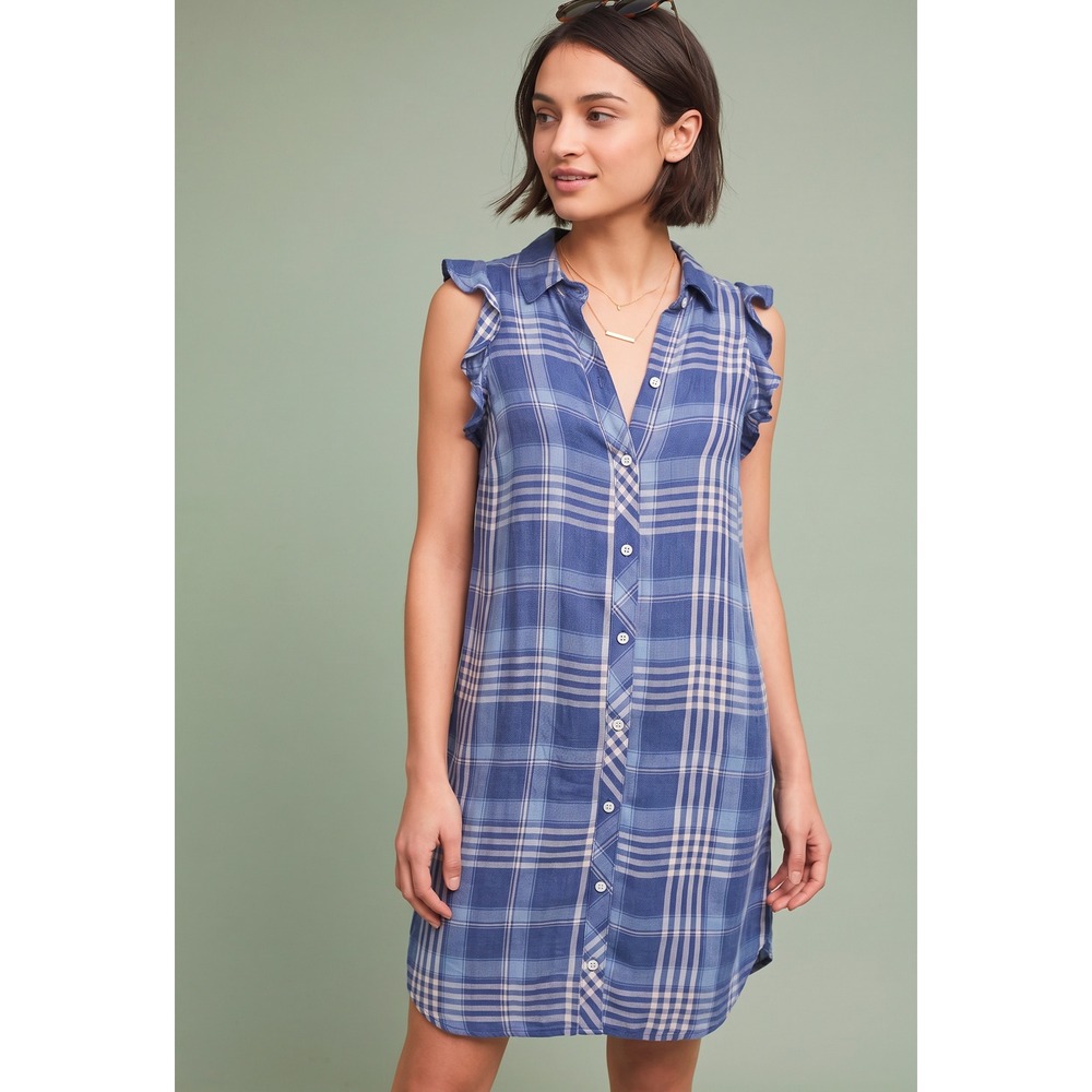 Cloth & Stone Anthropologie Plaid Sleeveless Shirt Dress Womens Extra Small Blue
